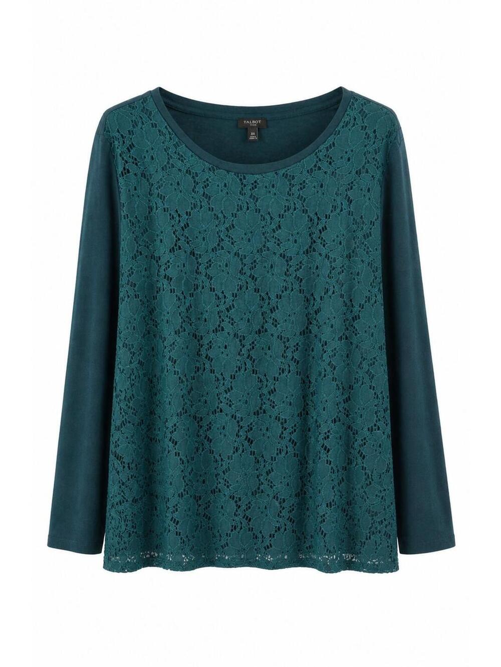 Talbots Women 2X Green Floral Lace Overlay Scoop Neck Blouse Top Cotton Comfort